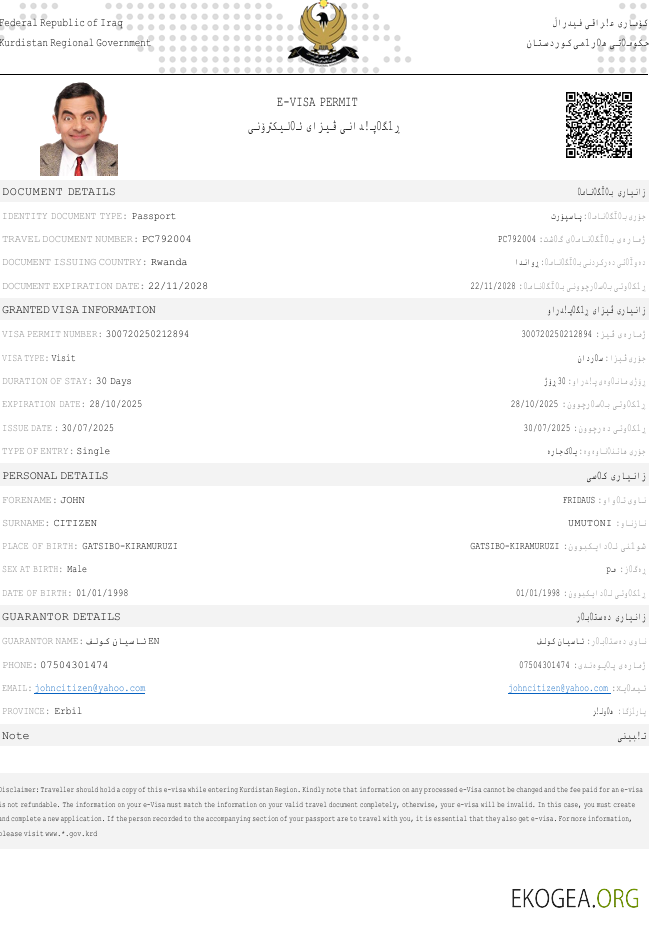 Modèle de visa électronique pour l'Irak aux formats Word et PDF